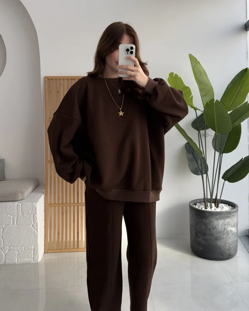 Devin Sweatshirt Eşofman Takımı - Kahverengi - Kod: 25602