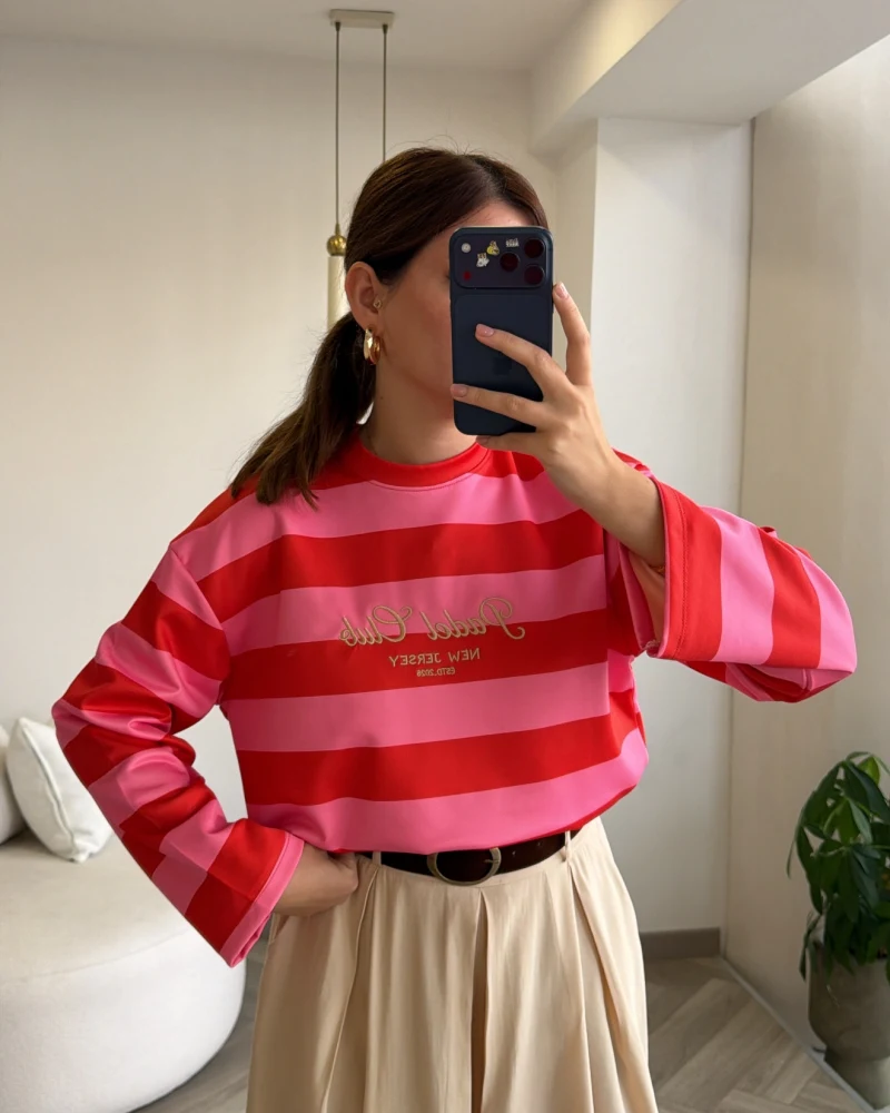 Dijital Baskılı Çizgili Modal Sweatshirt - Pembe - Kod: 1664