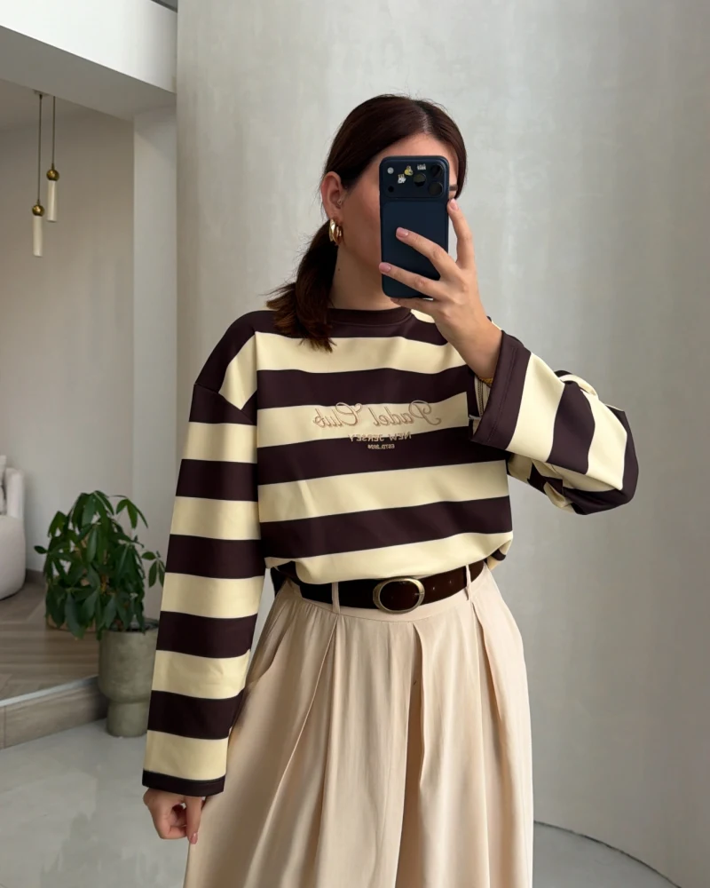 Dijital Baskılı Çizgili Modal Sweatshirt - Sarı - Kod: 1664