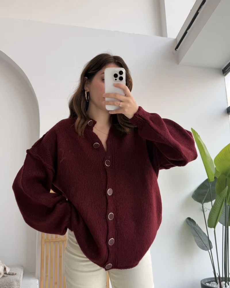 Düğmeli Balon Kol Hırka - Bordo