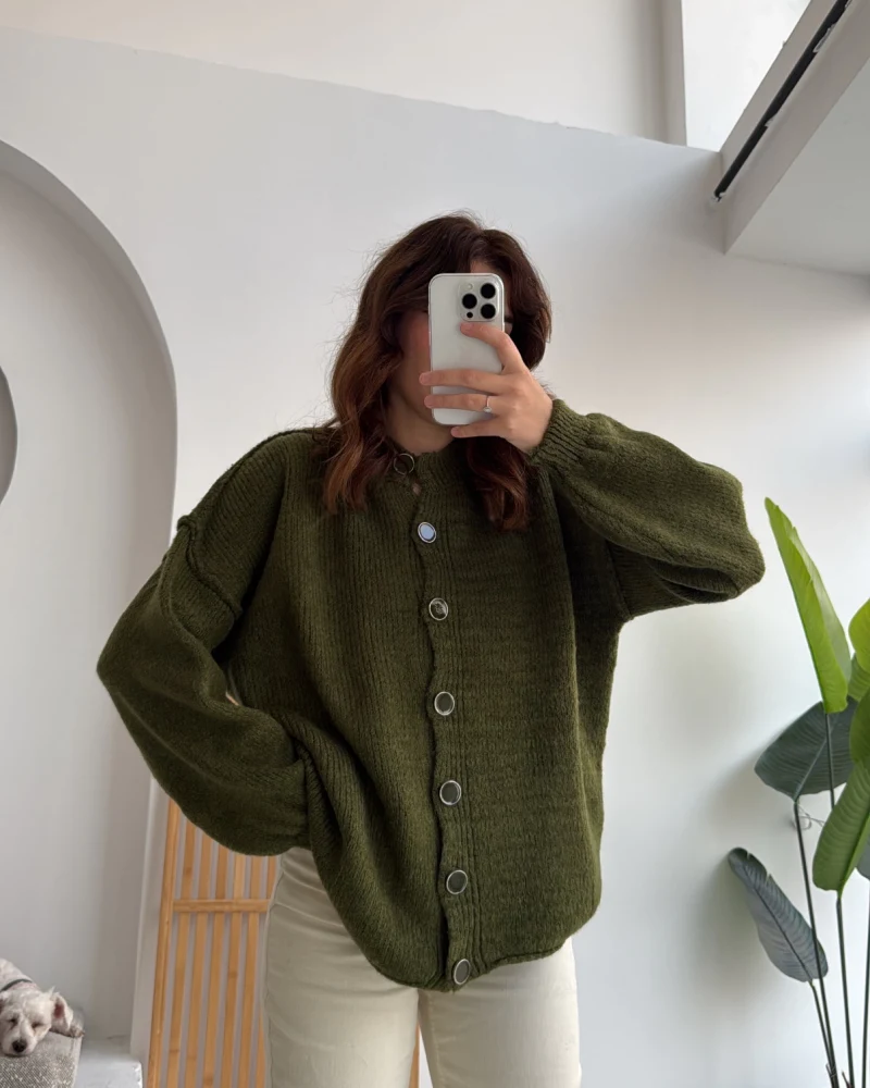 Düğmeli Balon Kol Hırka - Haki