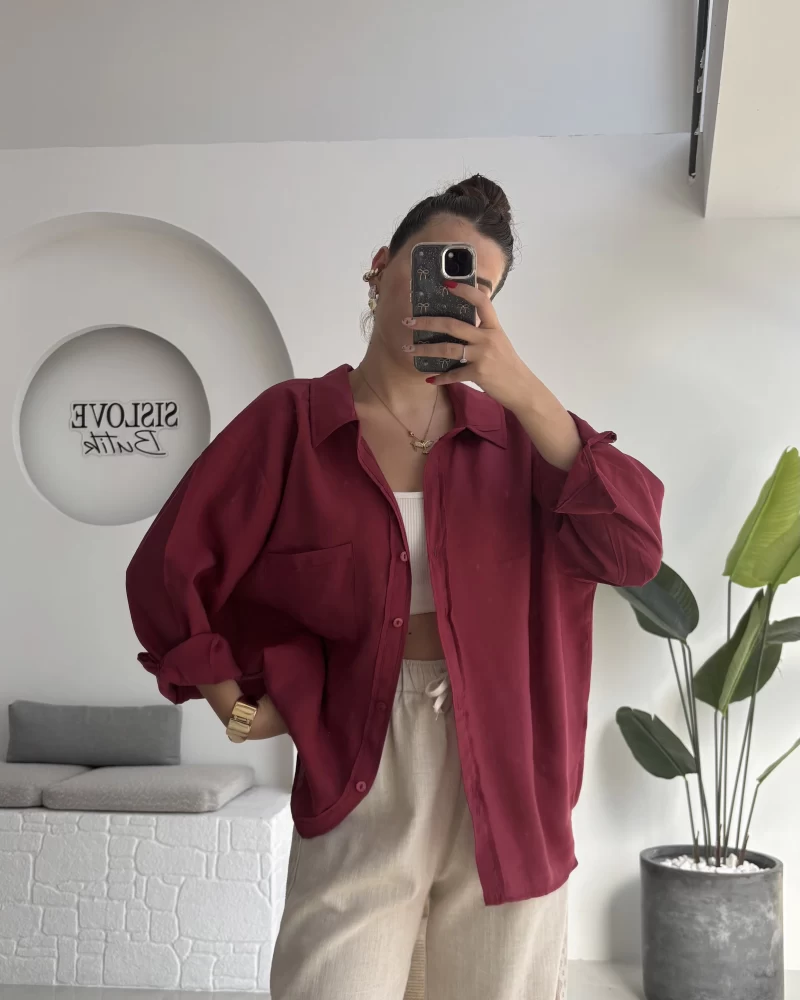 Düşük Omuzlu Modal Gömlek - Bordo - 5050