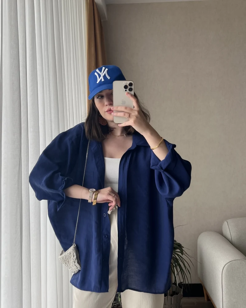 Düz Oversize Lacivert Tensel Gömlek