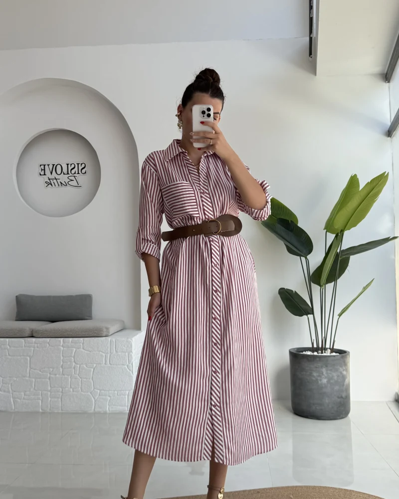 Edith Çizgili Kemerli Gömlek Elbise - Pembe - 0411