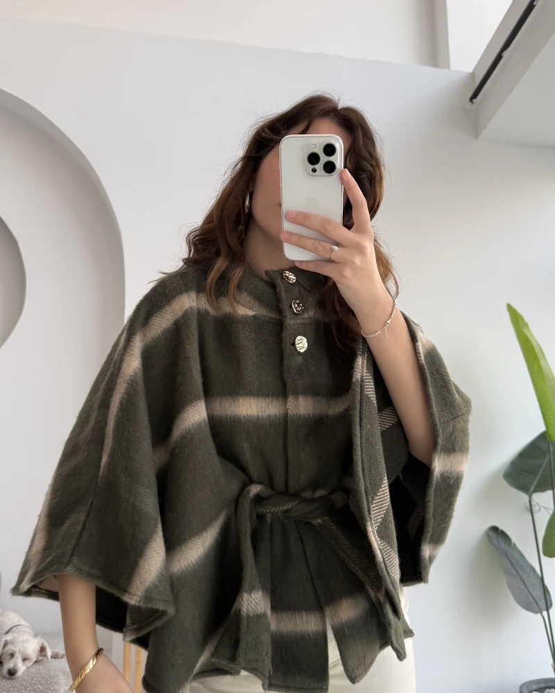 Ekose Desenli Bağlamalı Panço - Haki