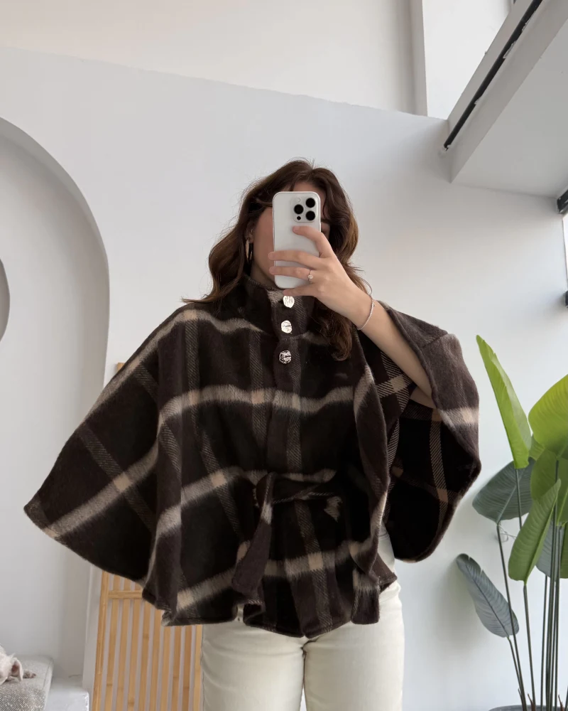 Ekose Desenli Bağlamalı Panço - Kahverengi