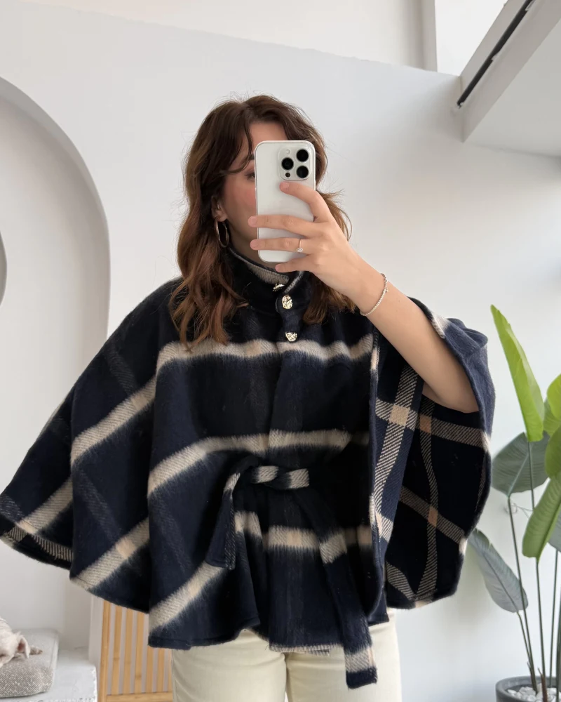 Ekose Desenli Bağlamalı Panço - Lacivert