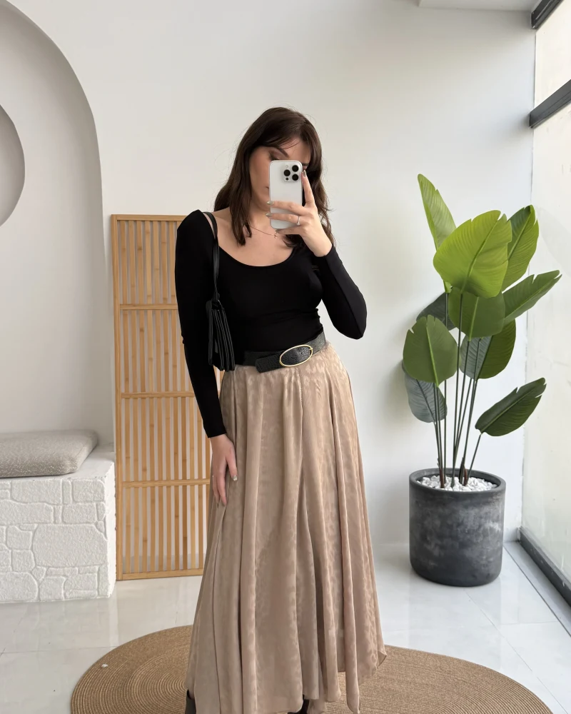 Eleanor Asimetrik Kesim Saten Etek - Camel - Kod: 3362