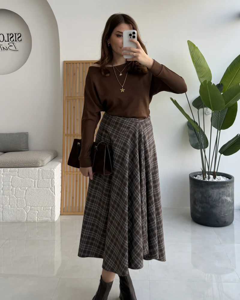 Eliza Asimetrik Kesim Ekose Desenli Etek - Kahverengi