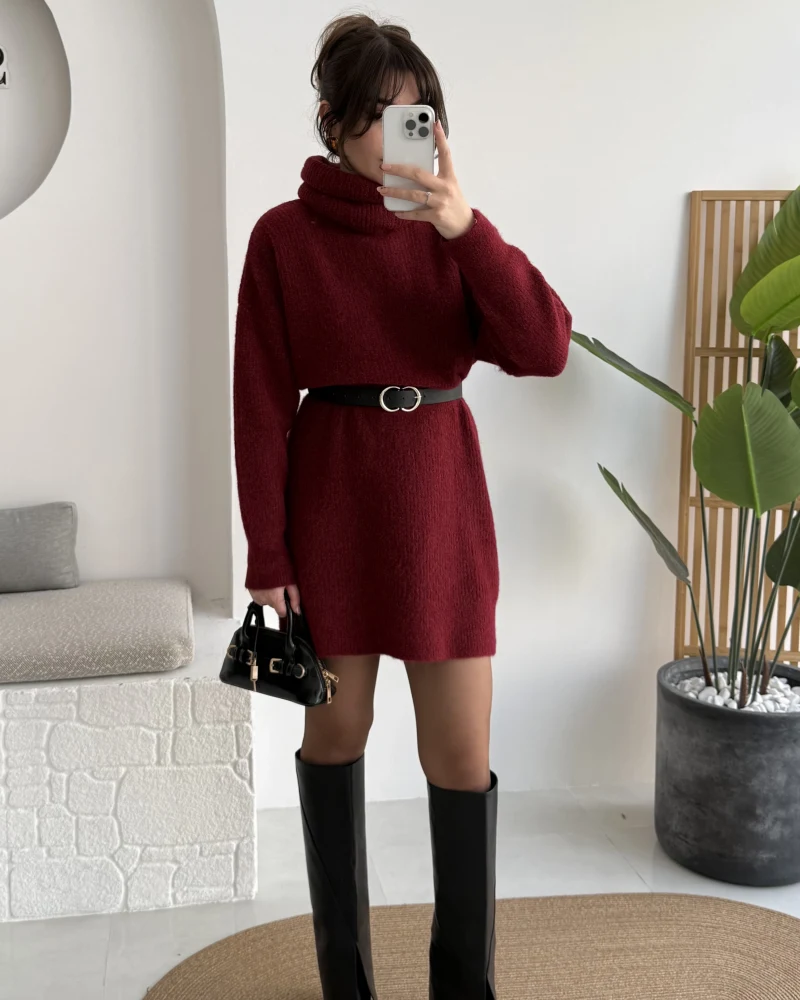 Ellarosa Boğazlı Elbise - Bordo - Kod: 5111