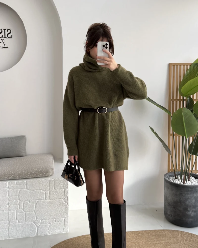 Ellarosa Boğazlı Elbise - Haki - Kod: 5111