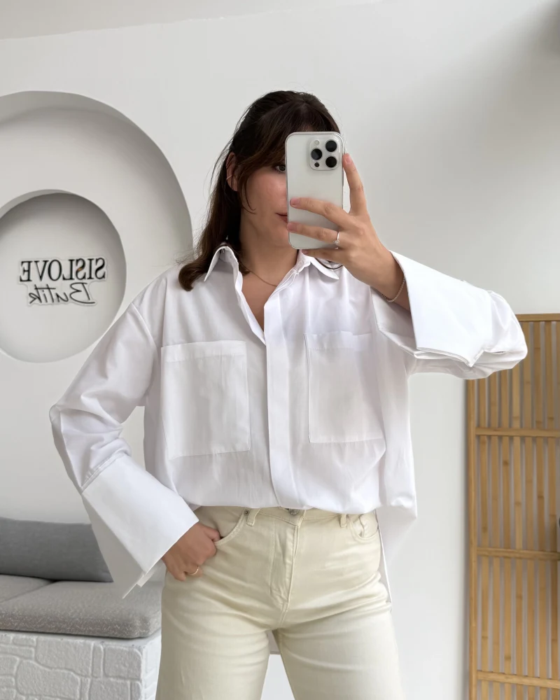 Esmeralda Büyük Cepli Gömlek - Beyaz - Kod: 2143