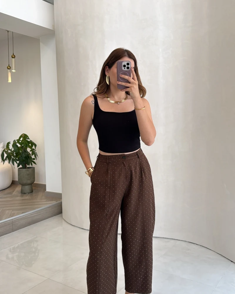 Etoile Dökümlü Taşlı Pantolon - Kahve - Kod: 51434