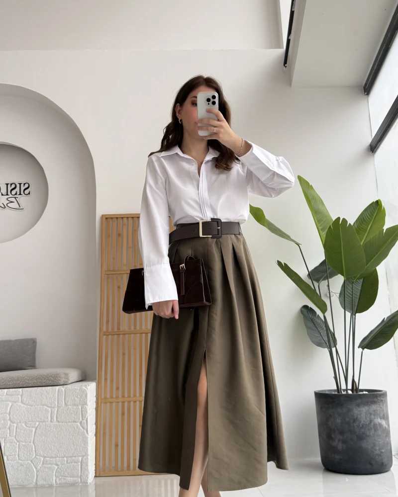 Fancy Kemerli Yırtmaçlı Midi Etek - Haki