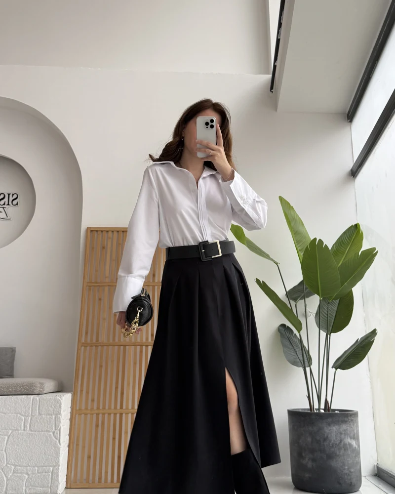 Fancy Kemerli Yırtmaçlı Midi Etek - Siyah