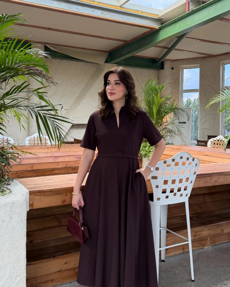 Sia Kısa Kol Kemerli Elbise - Mürdüm - Kod: 2341