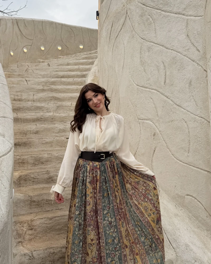 Faylinn Kemerli Baskılı Etek - Yeşil - Kod: 3374