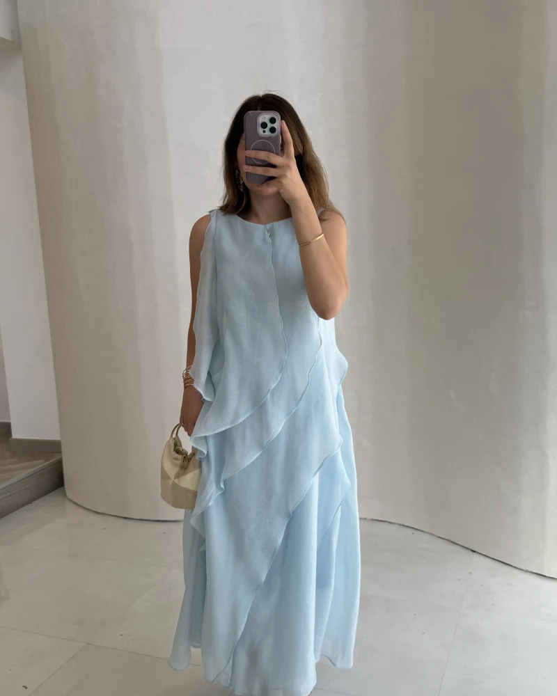 Felicity Astarlı Pelerin Elbise - Mavi - Kod: 3450