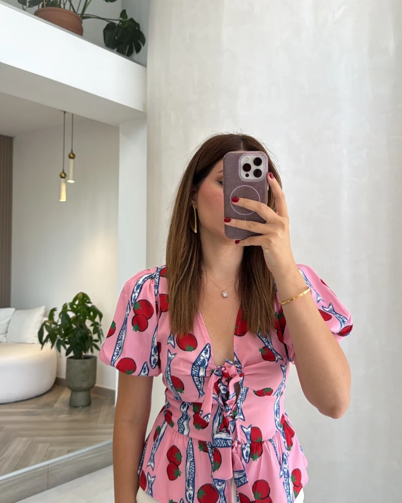 Fiyonklu Desenli Bluz - Pembe - Kod: 3285