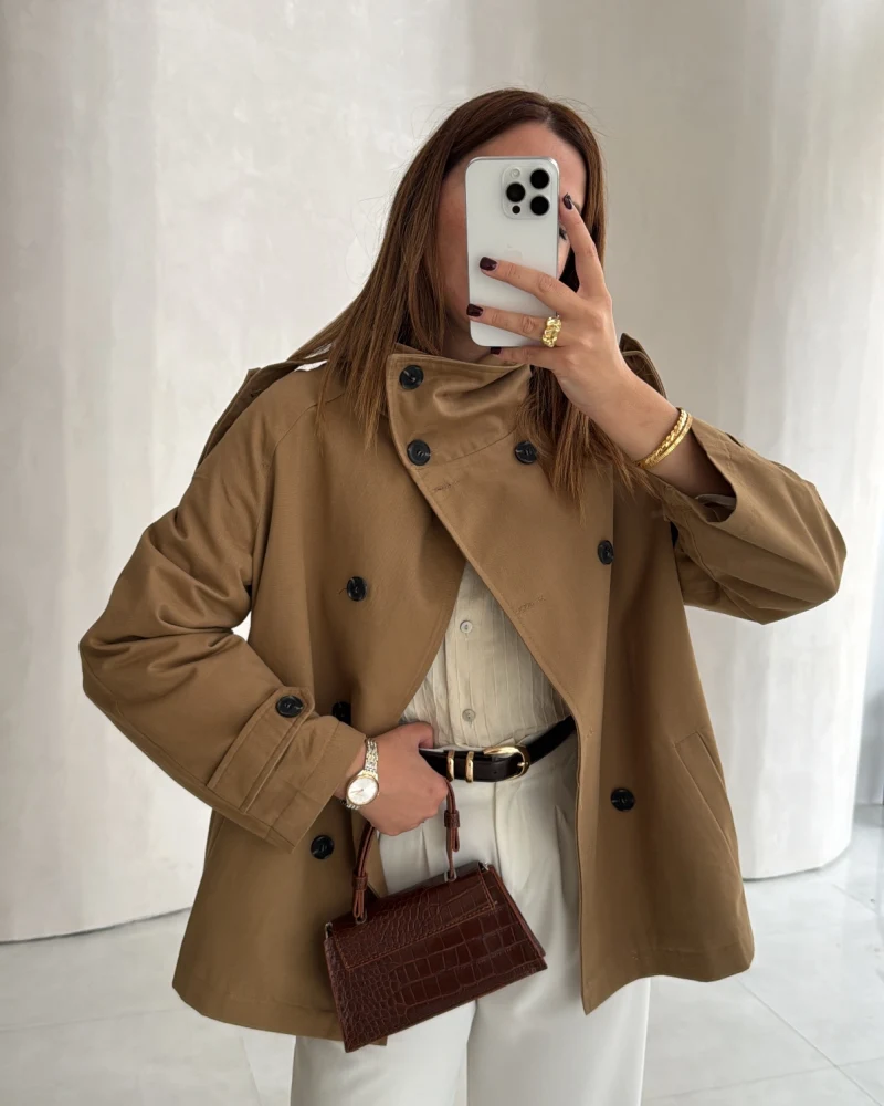 Flawles Dik Yakalı Kısa Trençkot - Camel - Kod: 7761