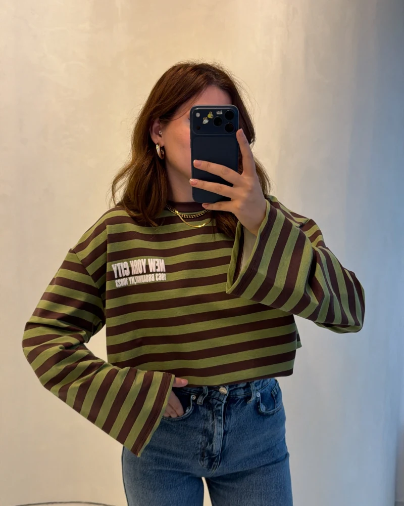 Flex Çizgili Baskı Detay Sweatshirt - Haki - Kod: 1130