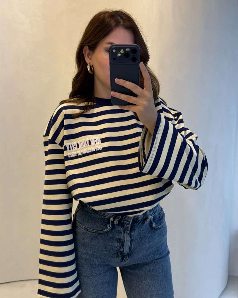 Flex Çizgili Baskı Detay Sweatshirt - Lacivert - Kod: 1130