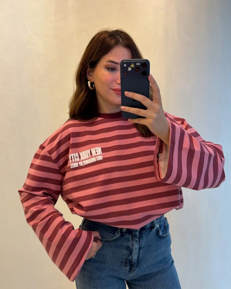 Flex Çizgili Baskı Detay Sweatshirt - Pembe - Kod: 1130