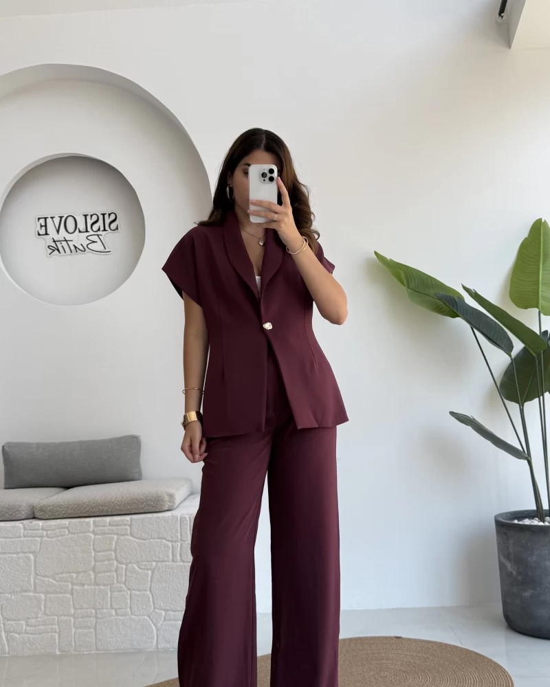 Fragile Şal Yaka Yelek Pantolon Takım - Bordo - Kod: 8789