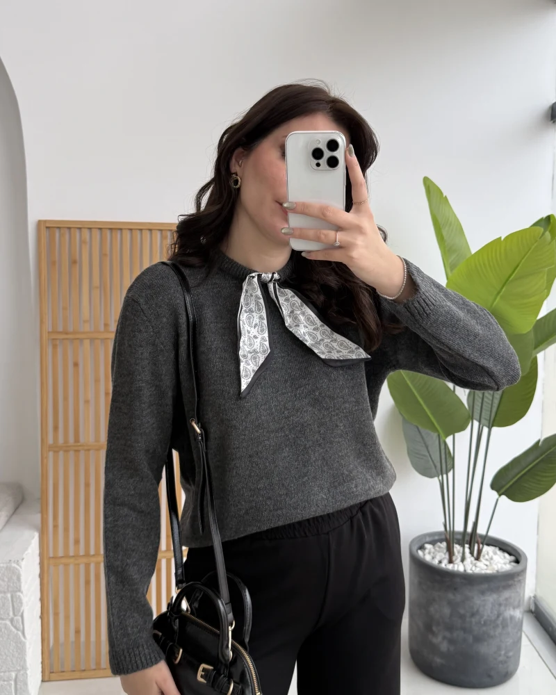 Fular Bağlamalı Uzun Kol Kazak - Antrasit