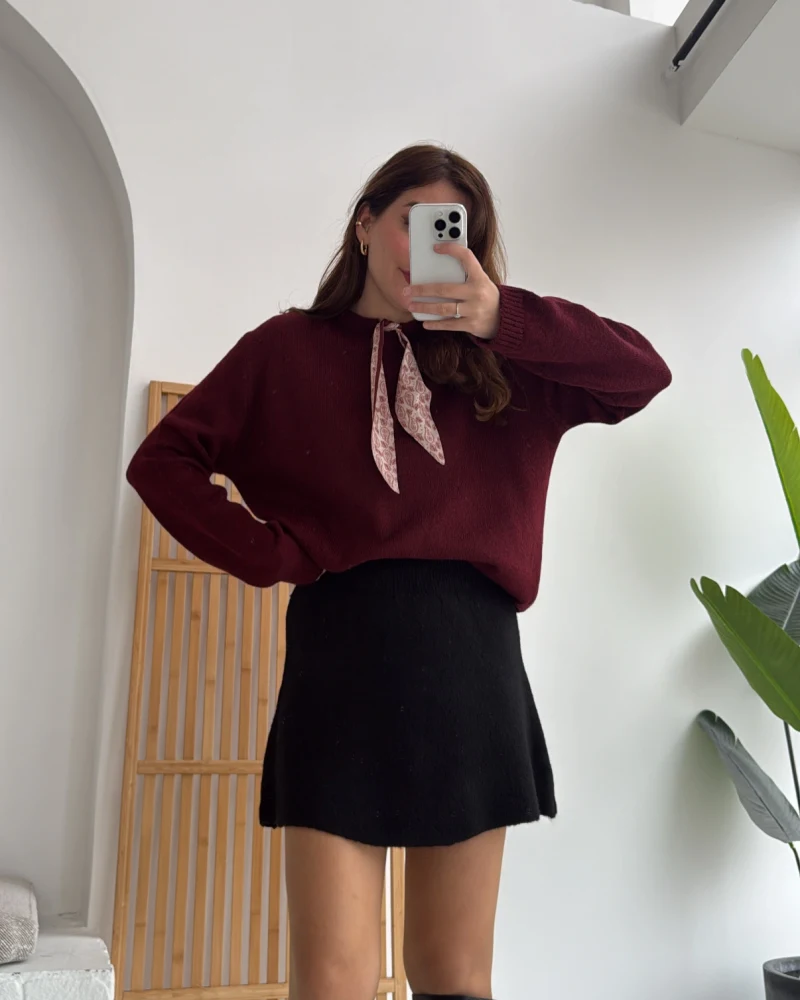 Fular Bağlamalı Uzun Kol Kazak - Bordo