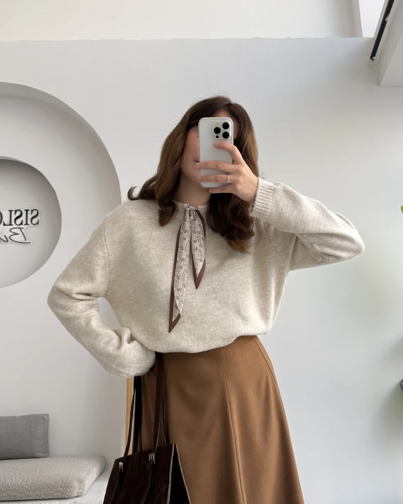 Fular Bağlamalı Uzun Kol Kazak - Ekru