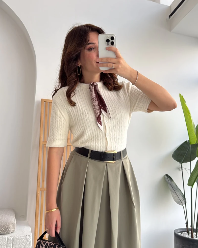 Fularlı Saç Örgü Hırka - Ekru