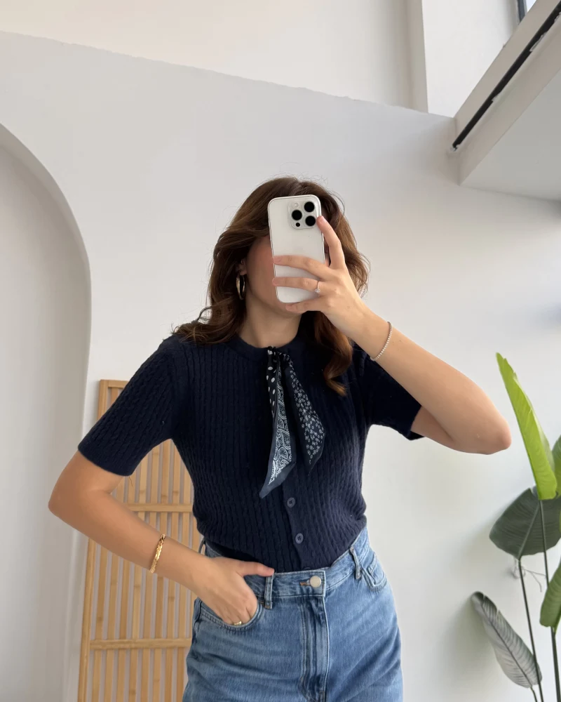 Fularlı Saç Örgü Hırka - Lacivert