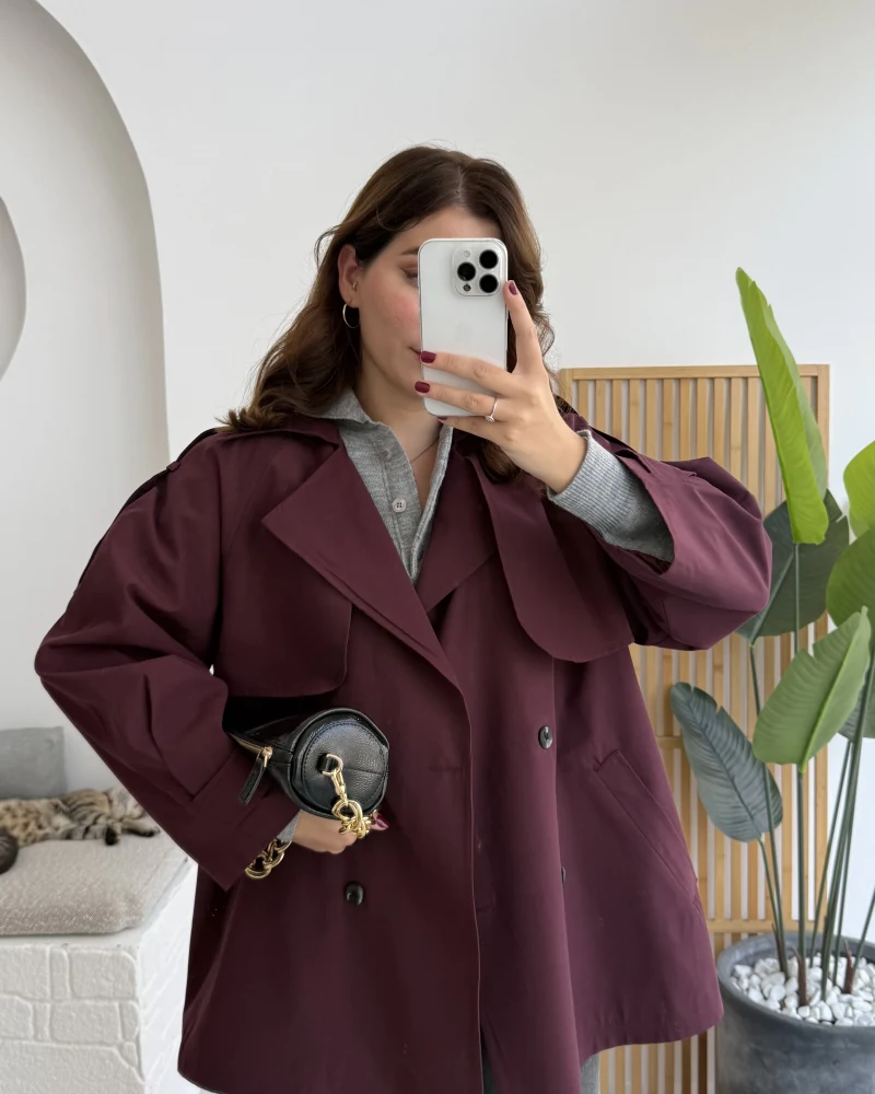 Gemma Kısa Trençkot - Bordo - Kod: 7556