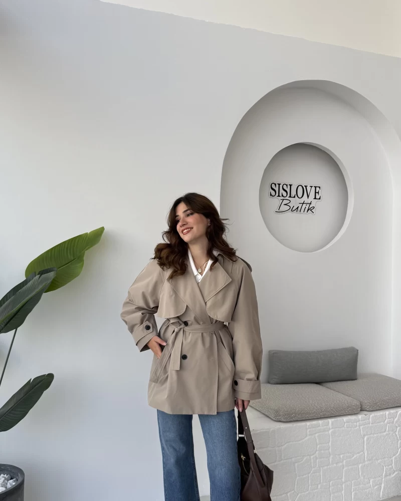 ÖN SİPARİŞ Gemma Kısa Trençkot - Vizon - Kod: 7556