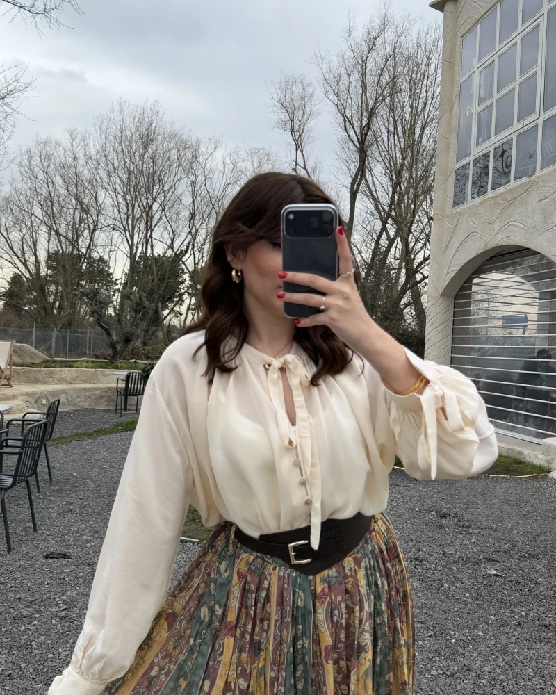 Georgia Bağlama Detaylı Dökümlü Gömlek - Ekru - Kod: 4988