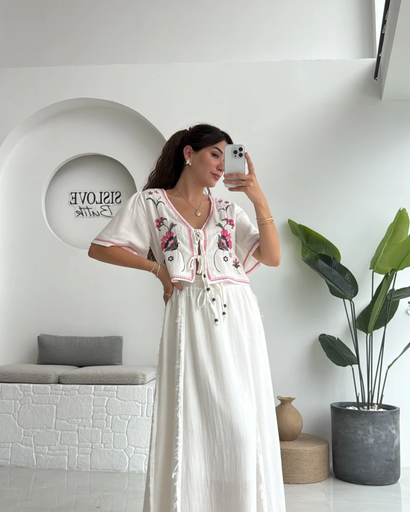 Georgia Nakışlı Müslin Etekli Takım - Beyaz - 8016