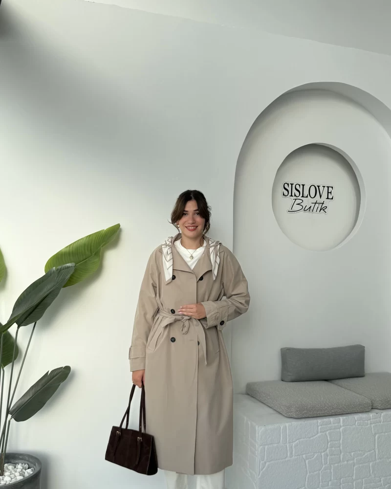 Gloria Fularlı Uzun Trençkot - Vizon - Kod: 7535