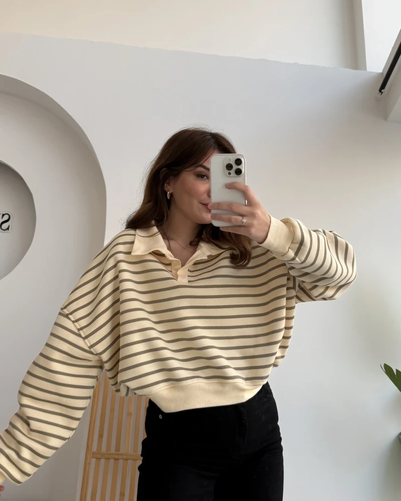 Haki Çizgili Krem Polo Yaka Sweatshirt
