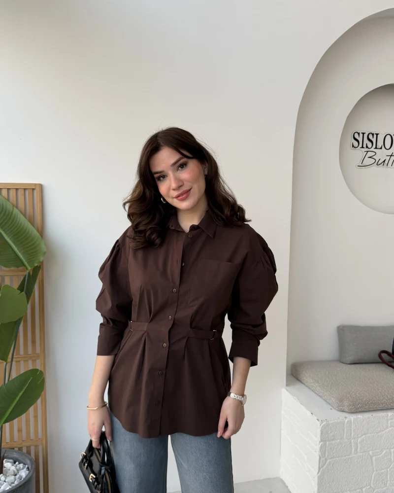 Heidi Bağlama Detay Gömlek - Acı Kahve - Kod: 5441