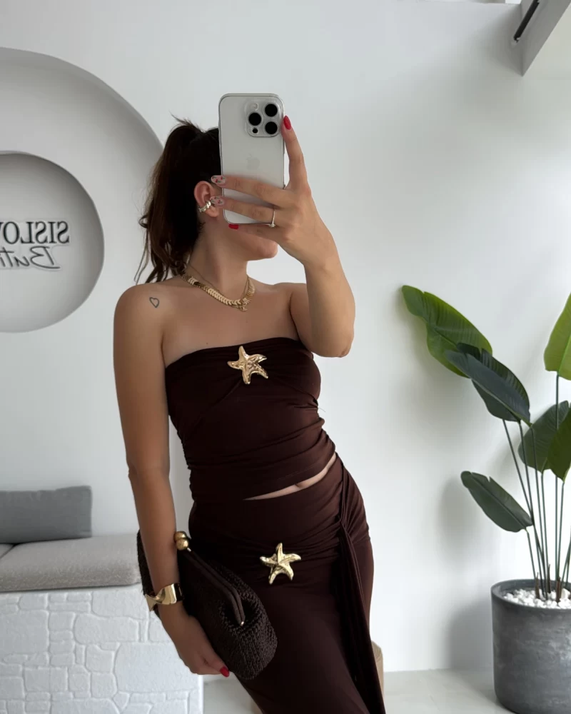 Hilda Deniz Yıldızı Detaylı Straplez Bluz Etek Takım - Kahve - 0510