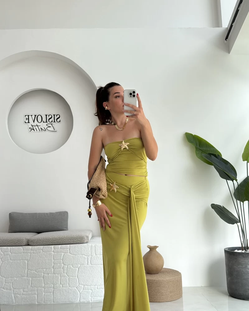 Hilda Deniz Yıldızı Detaylı Straplez Bluz Etek Takım - Yağ Yeşili - 0510