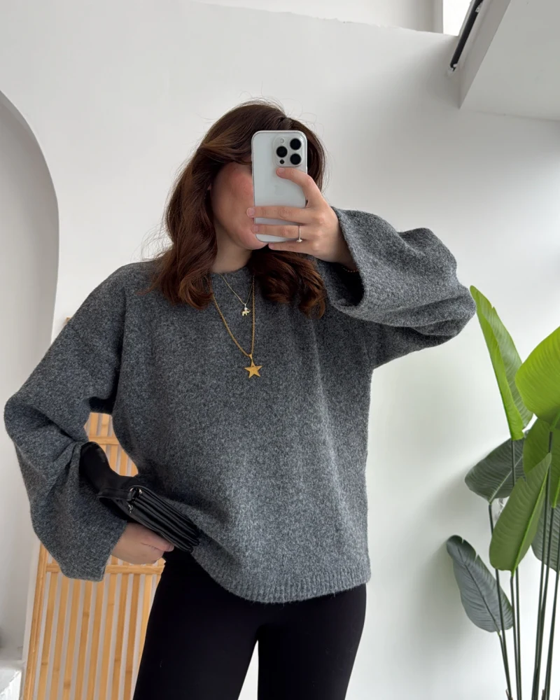 Holly Bisiklet Yaka Kırçıllı Kazak - Antrasit