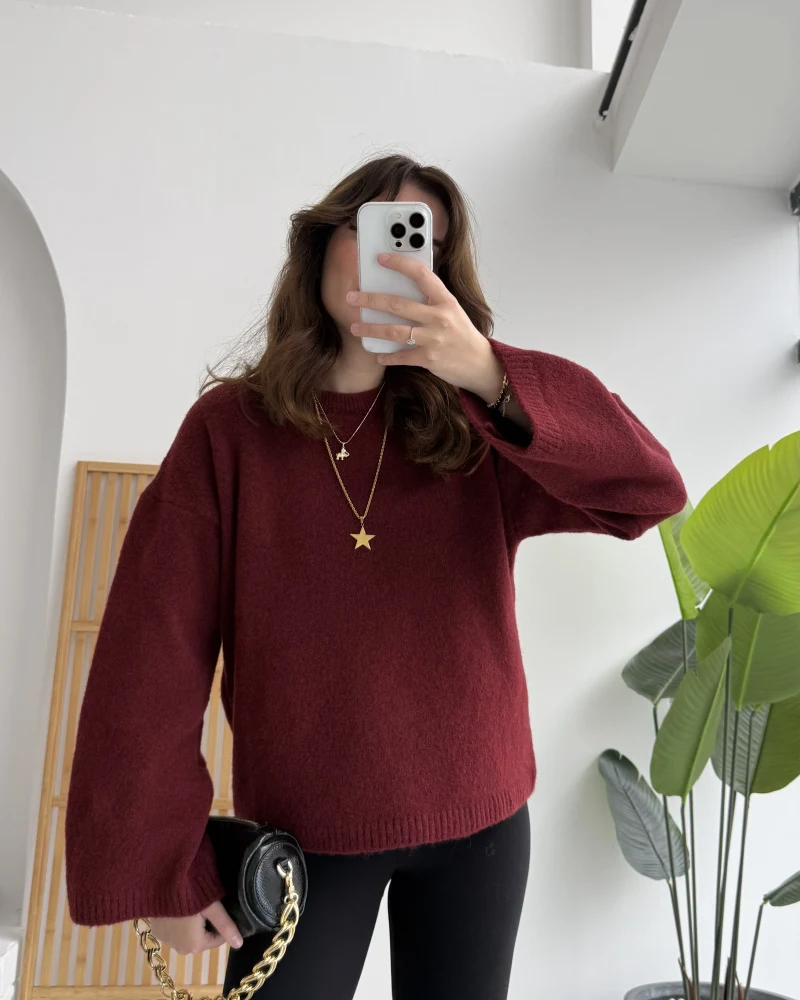 Holly Bisiklet Yaka Kırçıllı Kazak - Bordo