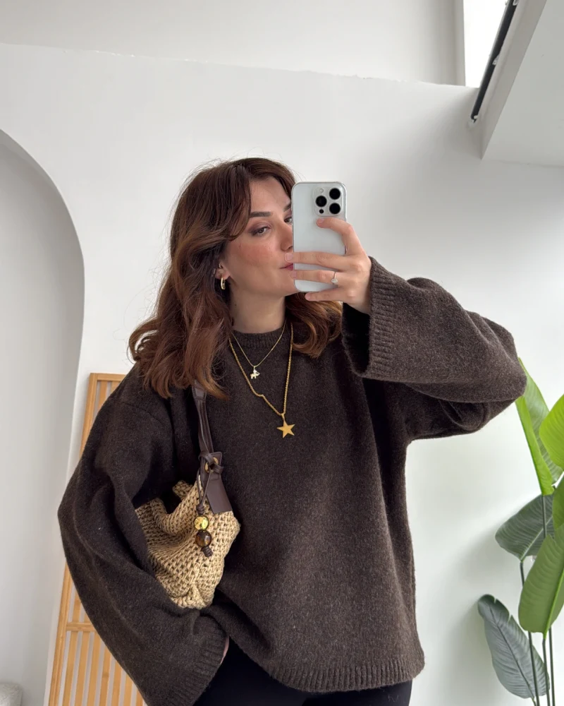 Holly Bisiklet Yaka Kırçıllı Kazak - Kahverengi