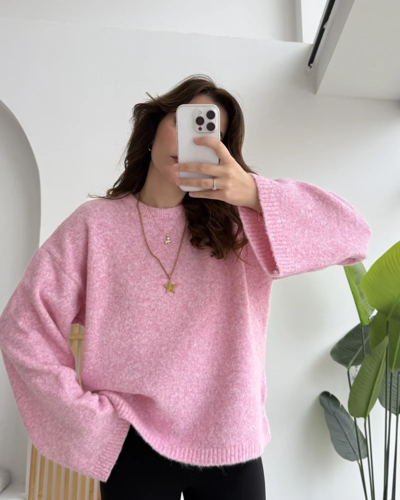 Holly Bisiklet Yaka Kırçıllı Kazak - Pembe