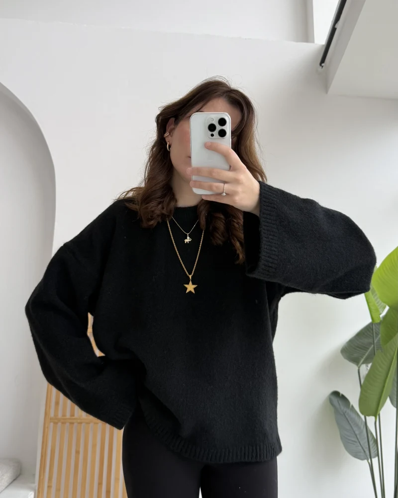 Holly Bisiklet Yaka Kırçıllı Kazak - Siyah