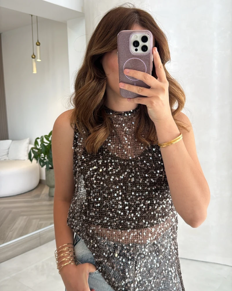 İçi Askılı Body Pullu Bluz - Kahve Siyah Tonları - Kod: 1115