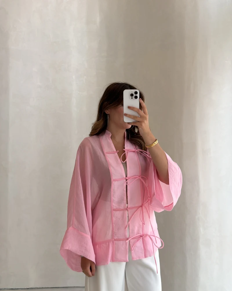 İp Bağcıklı Gömlek - Pembe - Kod: 5098