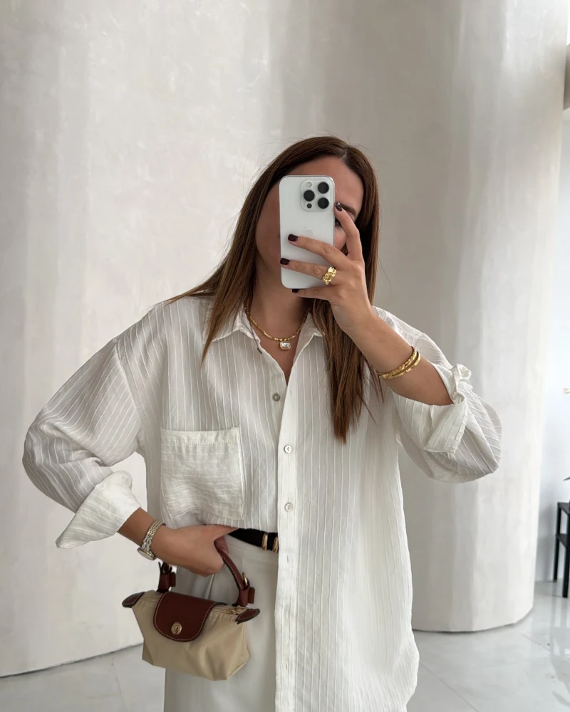 Isabella Çizgili Oversize Gömlek - Beyaz - Kod: 5000